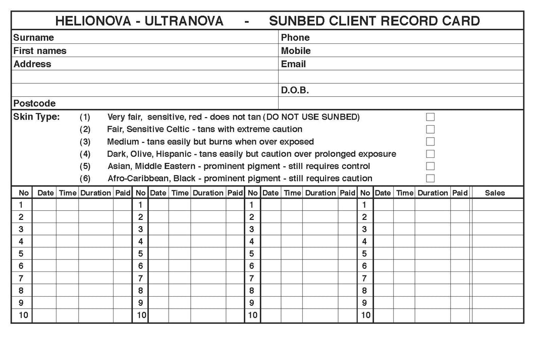 Sunbed Record Cards (x100)
